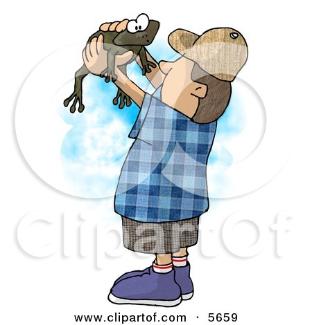 Boy Holding and Looking at a Wild Green Frog in His Hands Clipart Illustration by djart