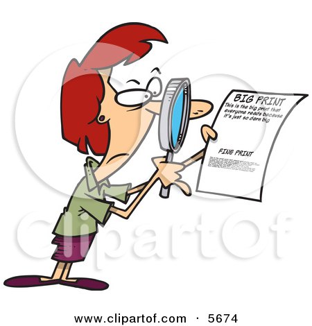 Woman Using a Magnifying Glass to Read the Fine Print on a Document Clipart Illustration by toonaday