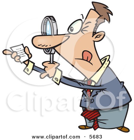 Man Using a Magnifying Glass to Read Fine Print on a Document Clipart Illustration by toonaday