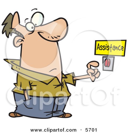 Man About to Push a Customer Service Button Under an Assistance Sign Clipart Illustration by toonaday