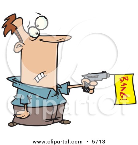 Man Shooting a Dud Gun With a Bang Flag Clipart Illustration by toonaday
