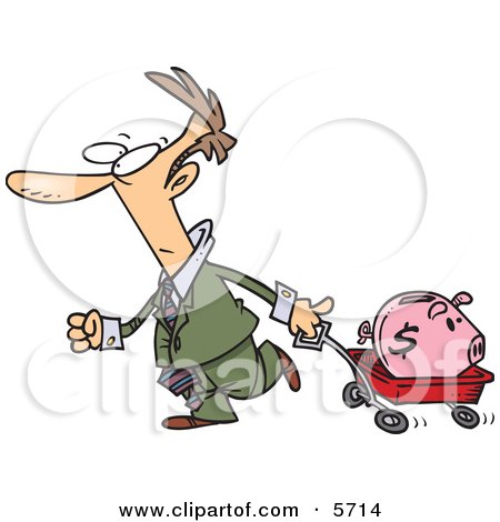 Man Pulling a Piggy Bank in a Wagon Clipart Illustration by toonaday