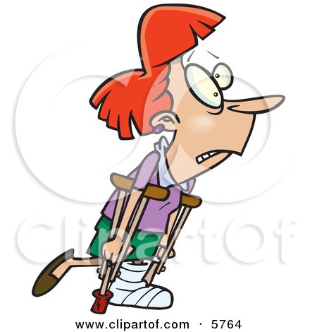 Red Haired Woman With a Cast, Using Crutches Clipart Illustration by toonaday