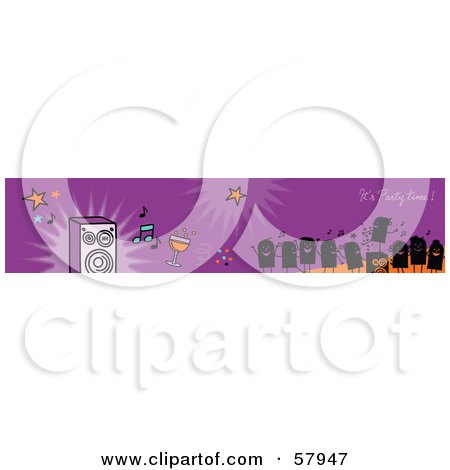 Royalty-Free (RF) Clipart Illustration of a Purple Its Party Time Greeting Banner With Party People And Music by NL shop