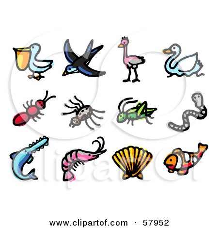 Royalty-Free (RF) Clipart Illustration of a Digital Collage Of Animals; Pelican, Swallow, Emu, Swan, Ant, Spider, Grasshopper, Worm, Sawfish, Prawn, Shell And Clown Fish by NL shop