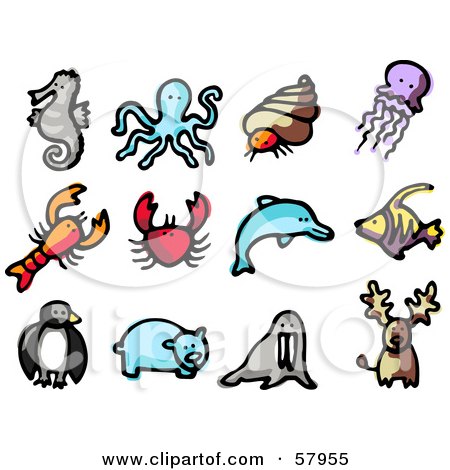 Royalty-Free (RF) Clipart Illustration of a Digital Collage Of Animals; Seahorse, Octopus, Snail, Jellyfish, Lobster, Crab, Dolphin, Fish, Penguin, Polar Bear, Walrus And Caribou by NL shop