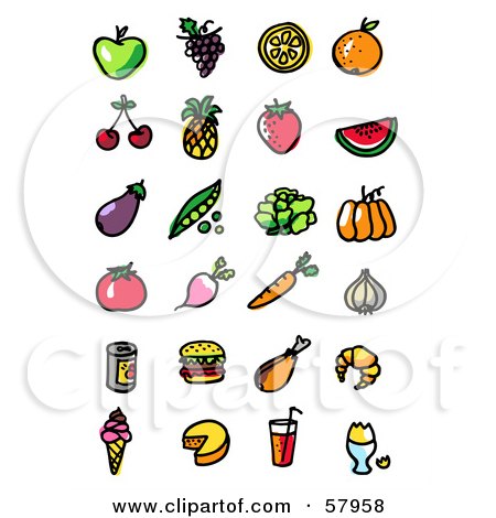 Royalty-Free (RF) Clipart Illustration of a Digital Collage Of Fruits, Veggies, Fast Food And Beverages by NL shop
