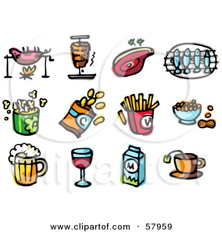 Royalty-Free (RF) Clipart Illustration of a Digital Collage Of Food; Roasting Pig, Ham, Steak, Fish, Popcorn, Chips, Fries, Peanuts, Beer, Wine, Milk And Tea by NL shop
