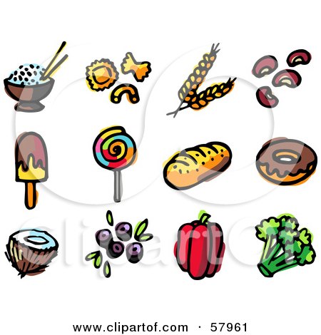 Royalty-Free (RF) Clipart Illustration of a Digital Collage Of Food; Rice, Pasta, Wheat, Beans, Popsicle, Loli Pop, Bread, Donut, Coconut, Blueberries, Bell Pepper And Broccoli by NL shop
