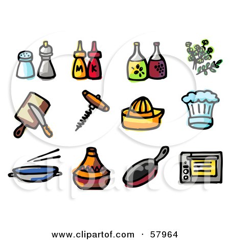 Royalty-Free (RF) Clipart Illustration of a Digital Collage Of Kitchen Items; Seasonings, Condiments, Oil, Herbs, Tools, Hats, Pans And Oven by NL shop