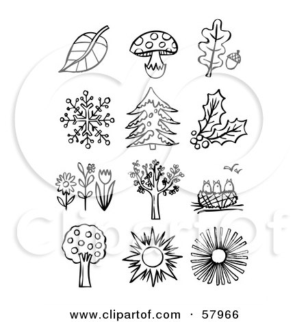 Royalty-Free (RF) Clipart Illustration of a Digital Collage Of Black And White Leaves, Mushrooms, Snowflakes, Plants And Flowers by NL shop