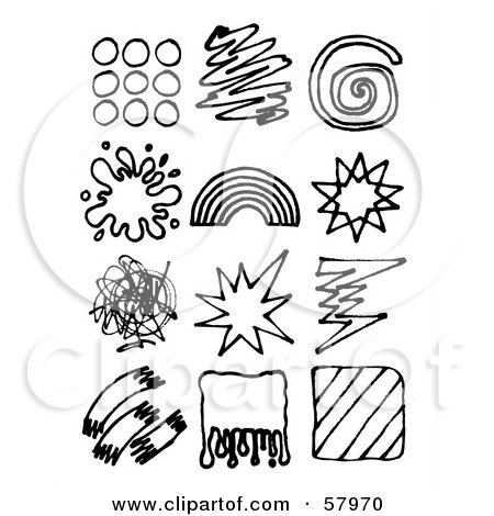 Royalty-Free (RF) Clipart Illustration of a Digital Collage Of Black And White Scribbles, Rainbows, Splatters And Drawings by NL shop