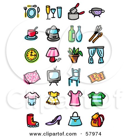 Royalty-Free (RF) Clipart Illustration of a Digital Collage Of Dining, Cooking, Clothes And Household Items by NL shop