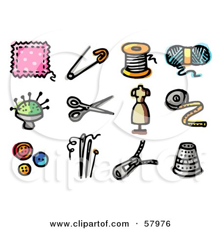 Royalty-Free (RF) Clipart Illustration of a Digital Collage Of Sewing Items; Patch, Safety Pin, Thread, Yarn, Needles, Scissors, Mannequin, Tape Measure, Buttons, Zipper And Thimble by NL shop