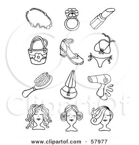 Royalty-Free (RF) Clipart Illustration of a Digital Collage Of Black And White Feminine Jewelry, Clothes, And Wigs by NL shop