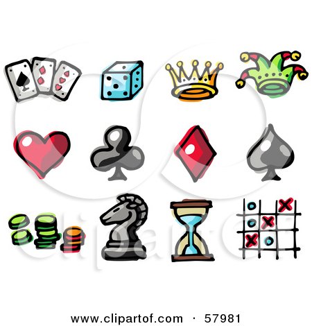 Royalty-Free (RF) Clipart Illustration of a Digital Collage Of Entertainment Items; Playing Cards, Dice, Crown, Jester Hat, Heart, Spade, Club, Diamond, Poker Chips, Chess Piece, Hourglass And Tic Tac Toe by NL shop