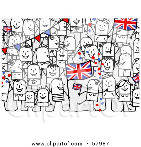 Royalty-Free (RF) Clipart Illustration of a Crowd Of Stick People Characters With A Union Flag by NL shop