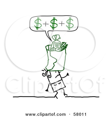 Royalty-Free (RF) Clipart Illustration of a Stick People Character Carrying A Grocery Bag On Top Of Her Head, Calculating Her Cost by NL shop