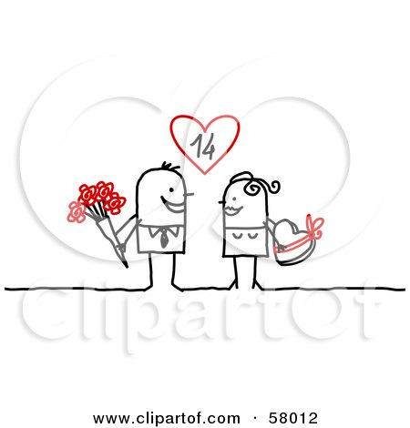 Royalty-Free (RF) Clipart Illustration of a Stick People Character Couple Exchanging Flowers And Candy On Valentines Day by NL shop