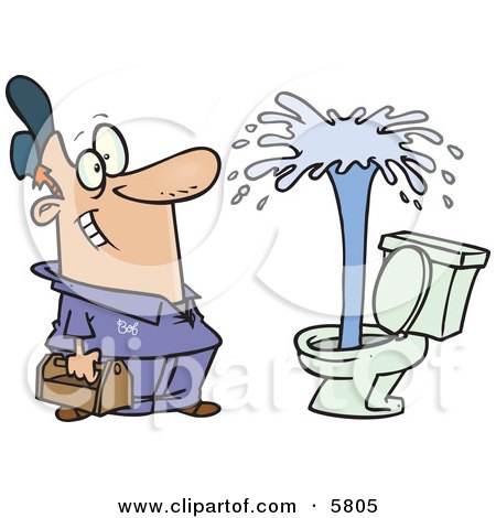 Happy Male Plumber Viewing a Geyser in a Toilet Clipart Illustration by toonaday