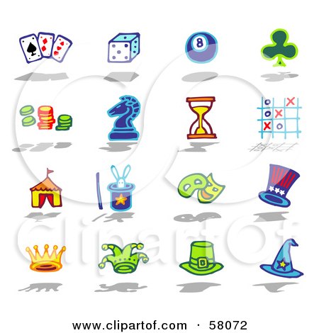Royalty-Free (RF) Clipart Illustration of a Digital Collage Of Playing Cards, Dice, Eight Ball, Club, Poker Chips, Chess, Hourglass, Tic Tac Toe, Circus, Magic, Theater, And Hats by NL shop