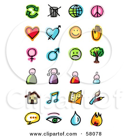Royalty-Free (RF) Clipart Illustration of a Digital Collage Of Ecology, Love, Emoticon, People, Housing, Music, Reading, Communications And Fire by NL shop