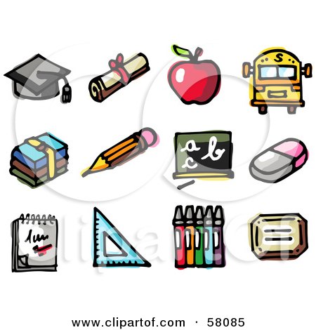 Royalty-Free (RF) Clipart Illustration of a Digital Collage Of A Graduation Cap, Diploma, Apple, School Bus, Books, Pencil, Chalkboard, Eraser, Notepad, Ruler, And Crayons by NL shop