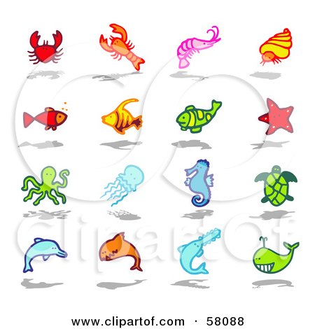 Royalty-Free (RF) Clipart Illustration of a Digital Collage Of A Crab, Lobster, Prawn, Snail, Fish, Starfish, Octopus, Jellyfish, Seahorse, Turtle, Dolphin, Shark, Saw Fish And Whale by NL shop
