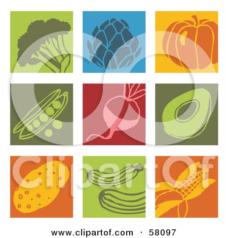 Royalty-Free (RF) Clipart Illustration of a Digital Collage Of Colorful Broccoli, Artichoke, Pumpkin, Peas, Radish, Avocado, Potato, Zucchini And Corn Icons by NL shop