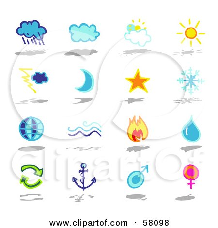Royalty-Free (RF) Clipart Illustration of a Digital Collage Of Clouds, Moon, Star, Snowflake, Globe, Water, Fire, Arrows, Anchor And Gender by NL shop