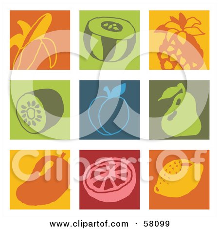 Royalty-Free (RF) Clipart Illustration of a Digital Collage Of Colorful Banana, Watermelon, Pineapple, Kiwi, Apricot, Pear, And Citrus Icons by NL shop