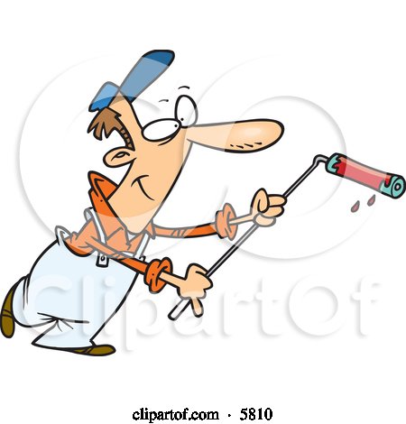 Man Using a Long Paint Roller While Painting Clipart Illustration by toonaday