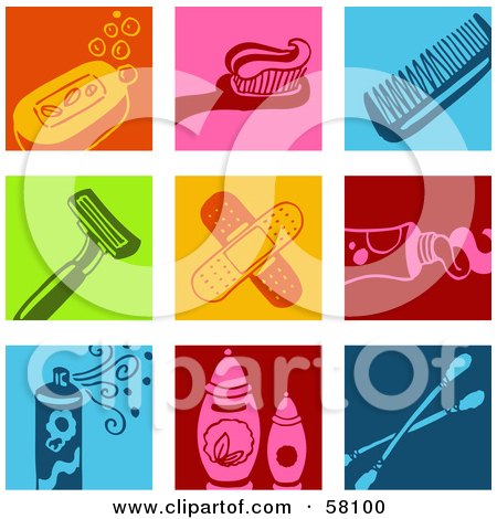 Royalty-Free (RF) Clipart Illustration of a Digital Collage Of A Bar Of Soap, Tooth Brush, Comb, Razor, Bandages, Tooth Paste, Hair Spray, Containers And Swab Icons by NL shop