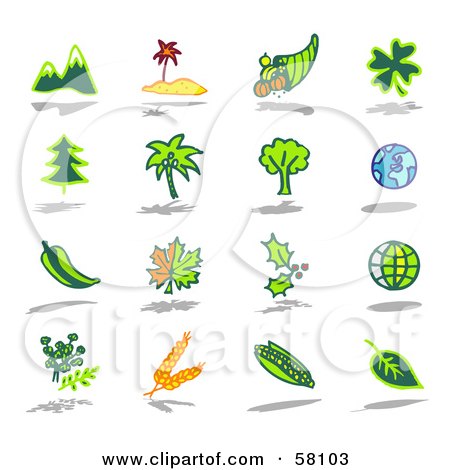 Royalty-Free (RF) Clipart Illustration of a Digital Collage Of Mountains, Island, Horn Of Plenty, Clover, Trees, Gloves, Peppers, Leaves, Wheat And Corn by NL shop