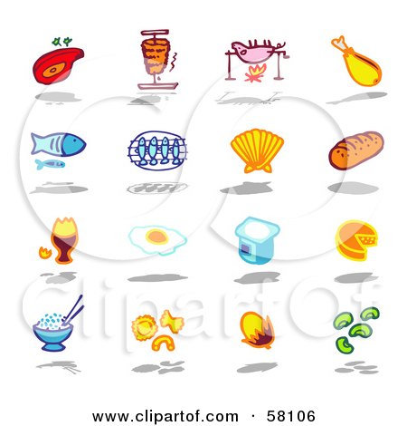Royalty-Free (RF) Clipart Illustration of a Digital Collage Of A Steak, Ham, Pork, Chicken, Fish, Scallop, Bread, Egg, Yogurt, Cheese, Rice, Pasta, Beans by NL shop