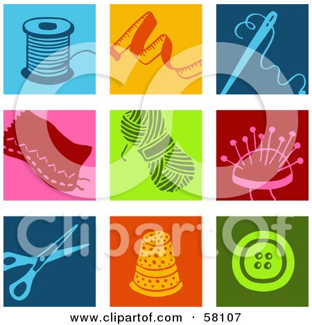 Royalty-Free (RF) Clipart Illustration of a Digital Collage Of Colorful Thread, Tape Measure, Needle, Patch, Yarn, Scissors, Thimble And Button Icons by NL shop