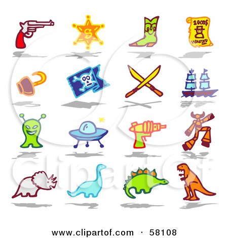 Royalty-Free (RF) Clipart Illustration of a Digital Collage Of A Gun, Sheriff Badge, Boot, Wanted Sign, Hook, Pirate Flag, Swords, Ship, Alien, Ufo, Laser Gun, Robot, Triceratops, Brontosaurus, Stegosaur And T Rex by NL shop