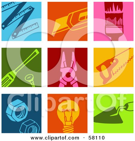 Royalty-Free (RF) Clipart Illustration of a Digital Collage Of Colorful Ruler, Scraper, Paintbrush, Screw, Pliers, Saw, Bolts, Light Bulb And Trowel Icons by NL shop