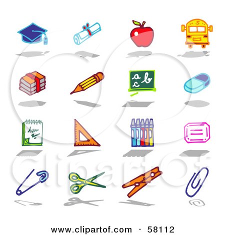 Royalty-Free (RF) Clipart Illustration of a Digital Collage Of A Graduation Cap, Diploma, Apple, Bus, Books, Pencil, Chalkboard, Eraser, Note Book, Ruler, Crayons, Safety Pin, Scissors, Clothes Pin And Paperclip by NL shop