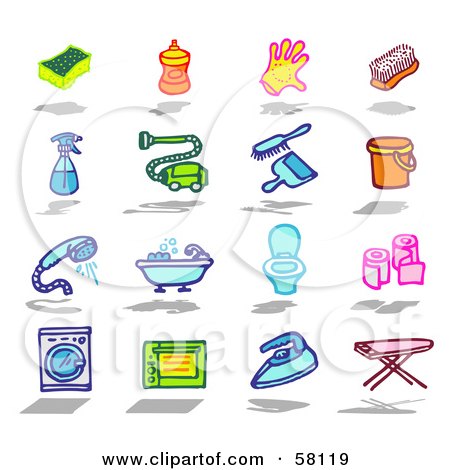 Royalty-Free (RF) Clipart Illustration of a Digital Collage Of A Sponge, Soap, Glove, Brush, Spray Bottle, Vacuum, Dust Pan, Bucket, Shower, Bath, Toilet, Toilet Paper, Washing Machine, Oven, Iron, Ironing Board by NL shop