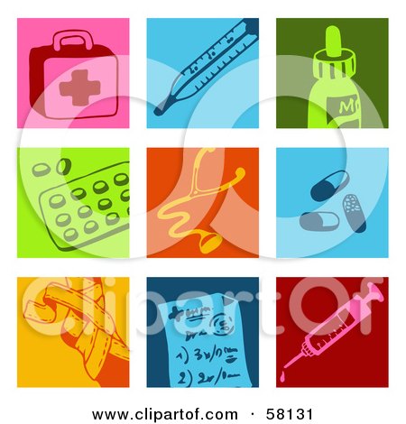 Royalty-Free (RF) Clipart Illustration of a Digital Collage Of Colorful First Aid Kit, Thermometer, Medicine, Pills, Stethoscope, Bandage And Syringe Icons by NL shop