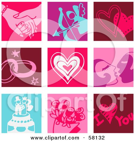 Royalty-Free (RF) Clipart Illustration of a Digital Collage Of Colorful Hand Holding, Cupid, Heart, Rings, Kiss, Wedding Cake, Roses And Love Icons by NL shop