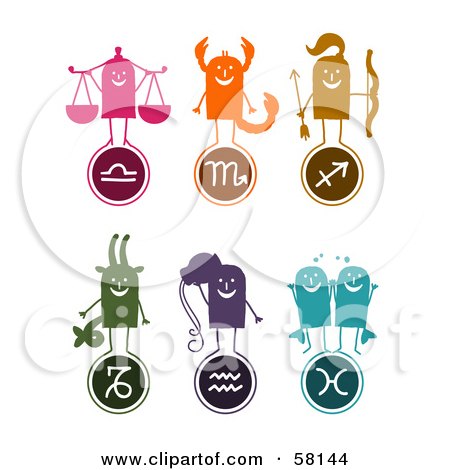 Royalty-Free (RF) Clipart Illustration of a Digital Collage Of Libra, Scorpio,  Sagittarius, Capricorn, Aquarius And Pisces Characters And Symbols by NL shop