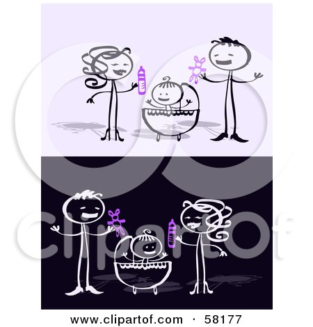 Royalty-Free (RF) Clipart Illustration of a Stick People Character Mother And Father Standing Over Their Baby by NL shop