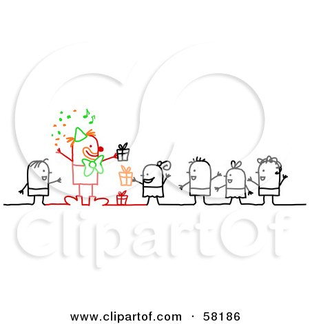 Royalty-Free (RF) Clipart Illustration of Stick People Character Children With Gifts, Watching A Clown At A Birthday Party by NL shop