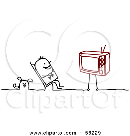 Royalty-Free (RF) Clipart Illustration of a Stick People Character Man And Dog Watching TV by NL shop