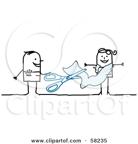 Royalty-Free (RF) Clipart Illustration of a Stick People Character Stylist Fashioning Clothing For A Woman by NL shop