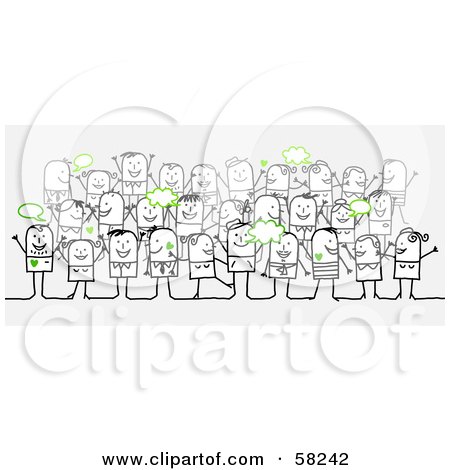 Royalty-Free (RF) Clipart Illustration of a Stick People Character Crowd With Green Text Bubbles by NL shop