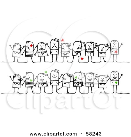 Royalty-Free (RF) Clipart Illustration of a Stick People Character Group With Red Stars And Green Hearts by NL shop