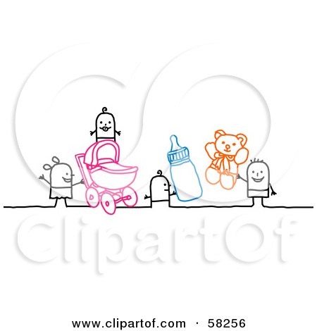 Royalty-Free (RF) Clipart Illustration of Stick People Character Kids Playing With A Baby Bottle, Stroller And Teddy Bear by NL shop
